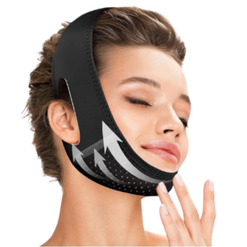 Juskaa Reusable V Line Lifting Mask w/ Chin Strap for Sleeping, Lifting Black,M